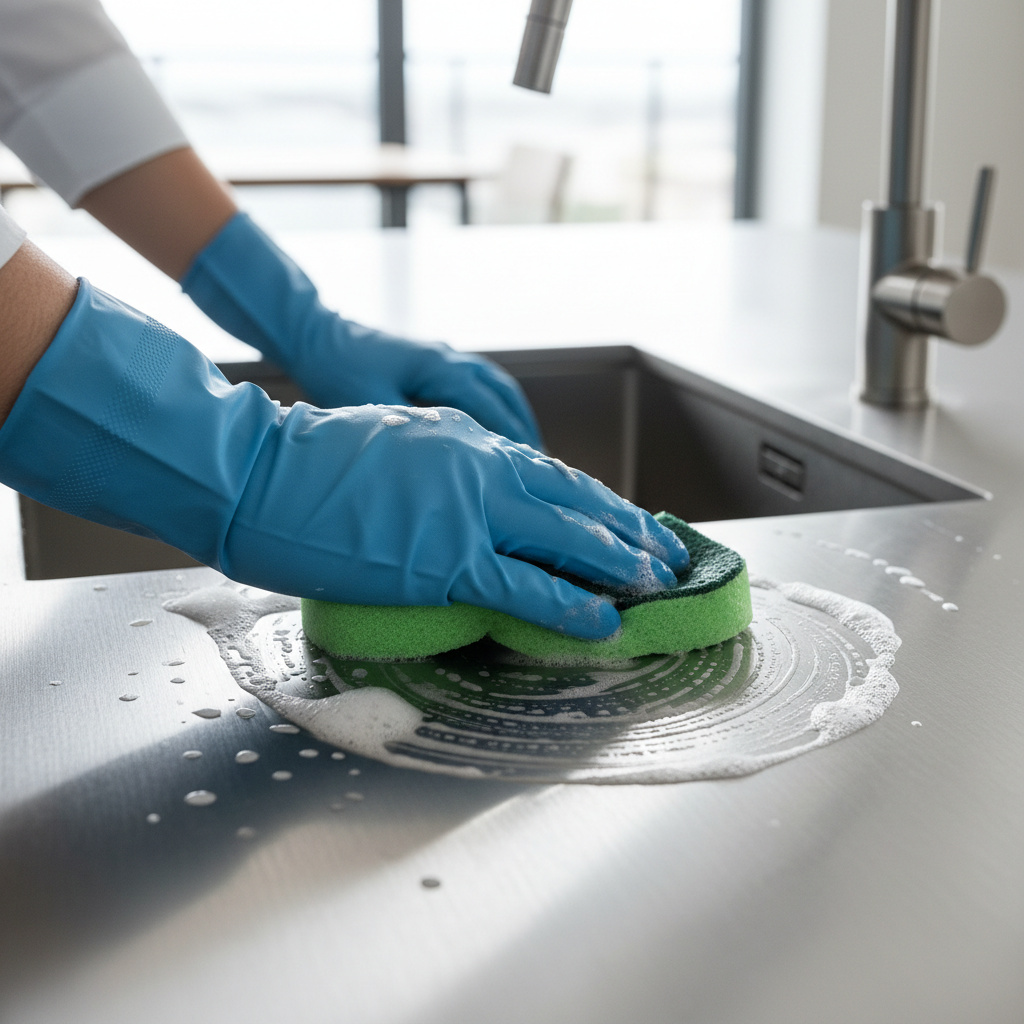 Person gently scouring a stainless steel sink along the grain using a medium abrasive pad with soap