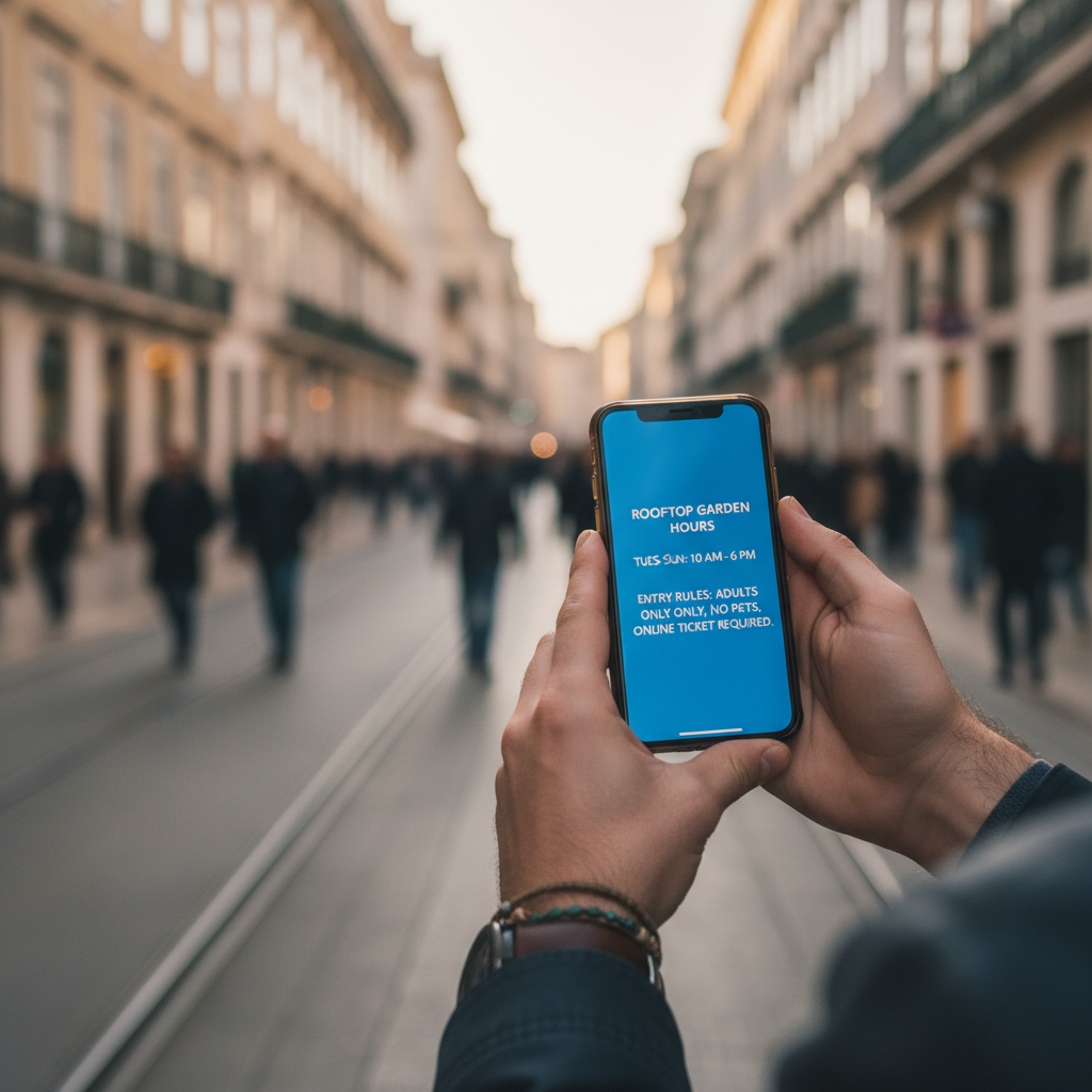 Traveler checking rooftop garden hours and entry rules on phone