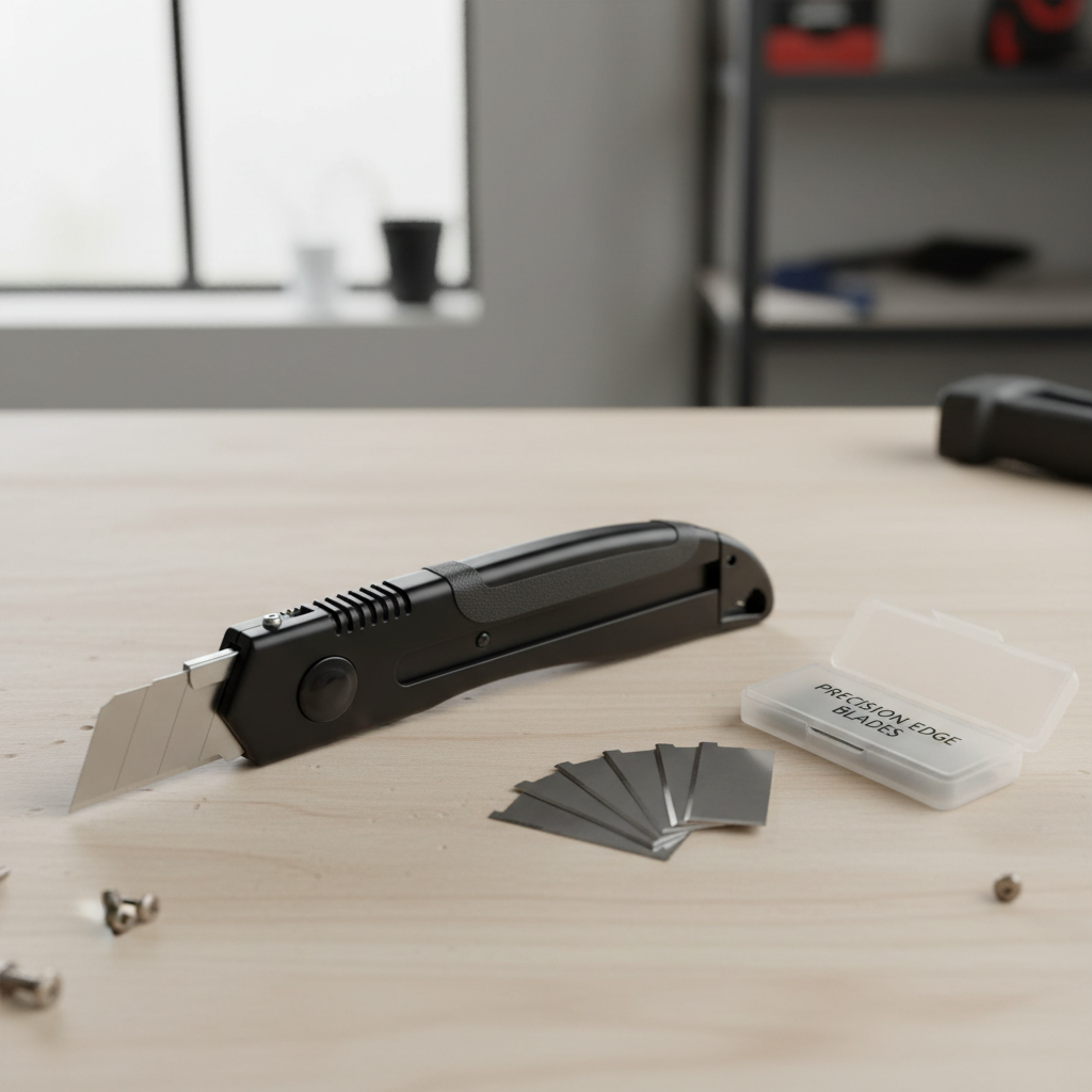 Retractable utility knife with blades on a clean workbench