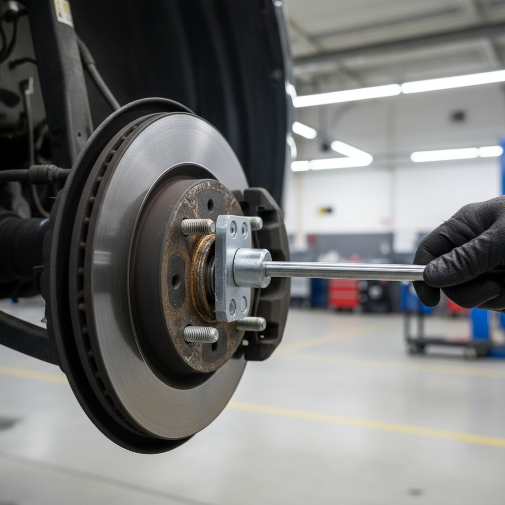 Using a brake caliper piston compression tool on a disc brake caliper