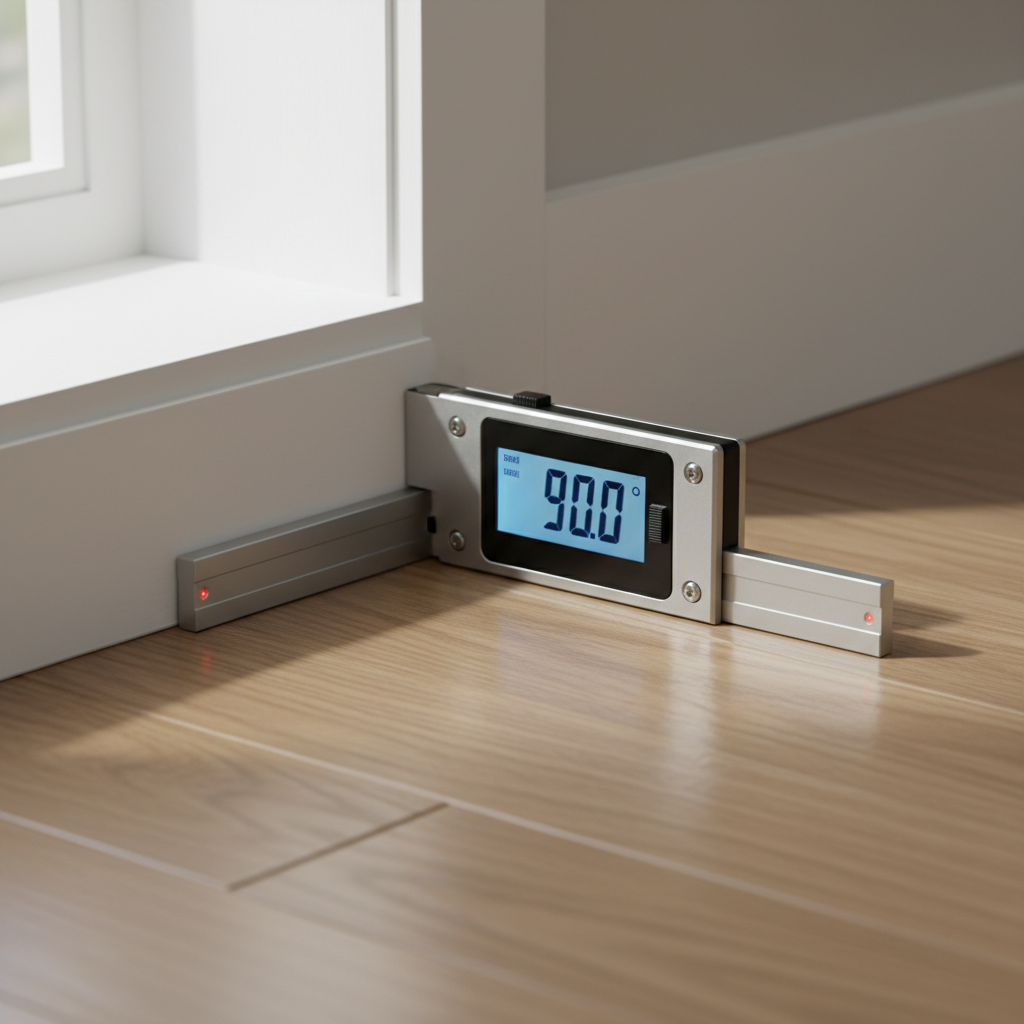 Digital protractor angle finder measuring an inside corner on trim