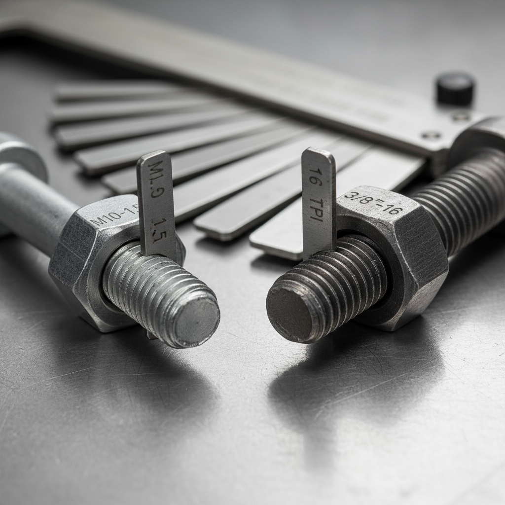 Close-up of bolt threads and nut showing difference between metric and SAE threading