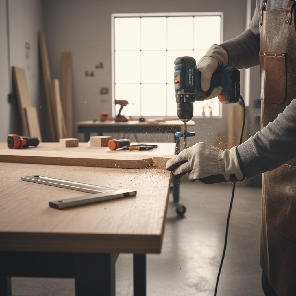 Woodworker drilling repeatable holes using an adjustable drill depth stop and scrap test board