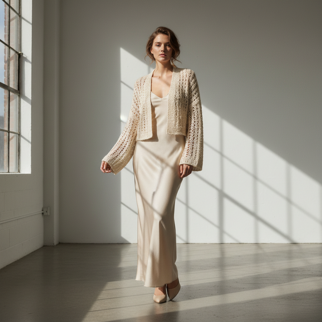 Lightweight cropped cardigan styled over a summer dress