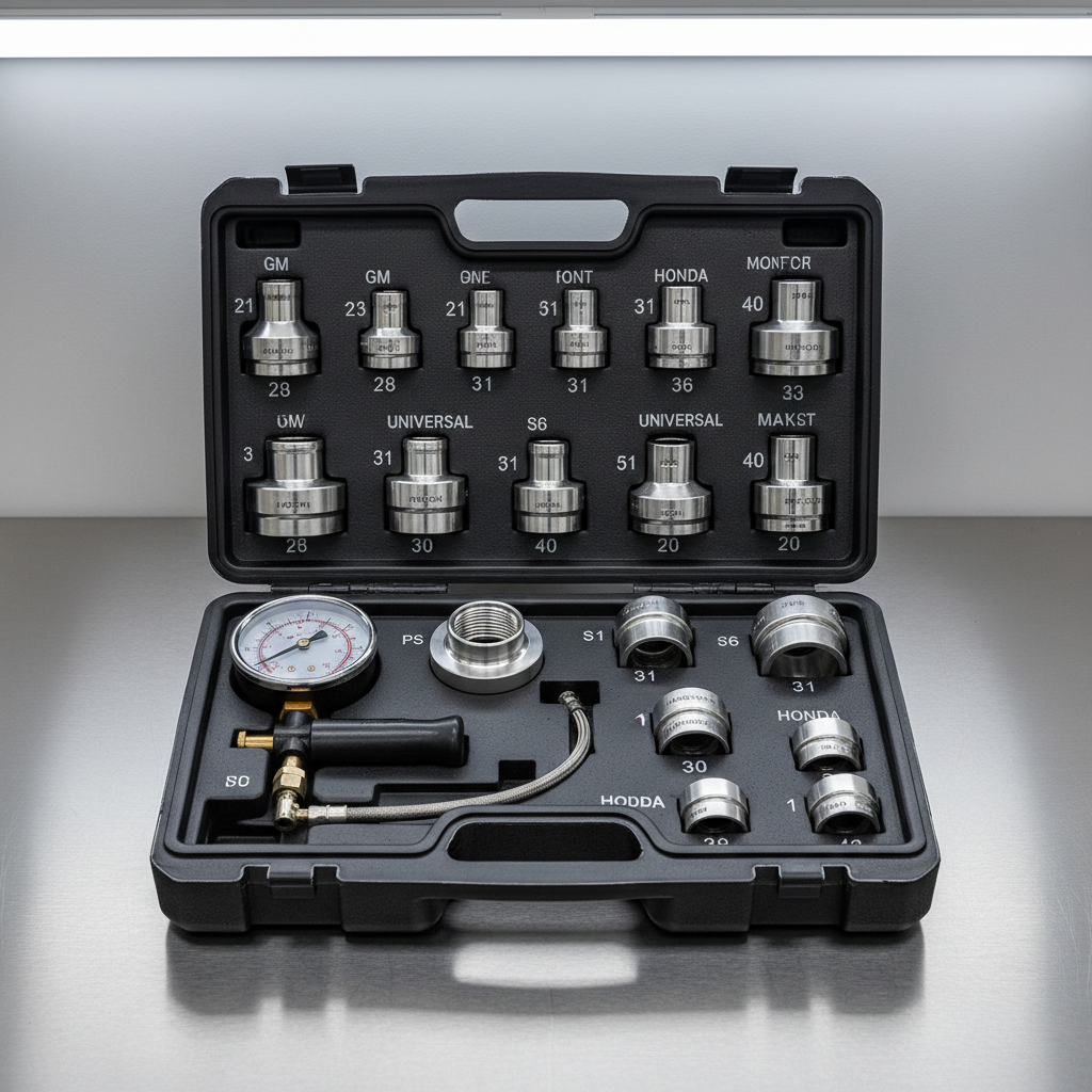 Radiator pressure tester kit case with labeled adapters and gauge