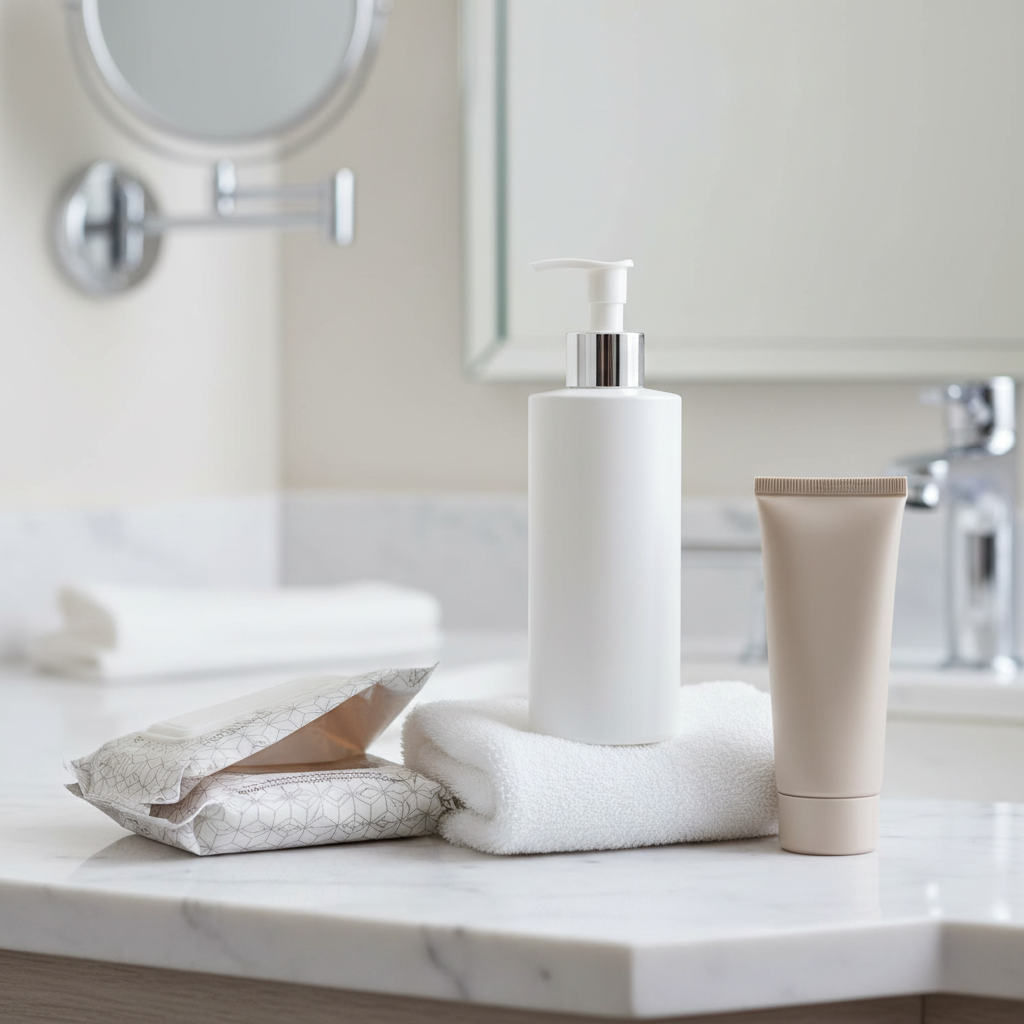 Minimalist travel skincare setup with wipes, mini cleanser, and moisturizer on hotel counter