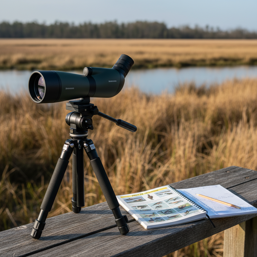 Spotting scope and field guide on a river delta observation platform