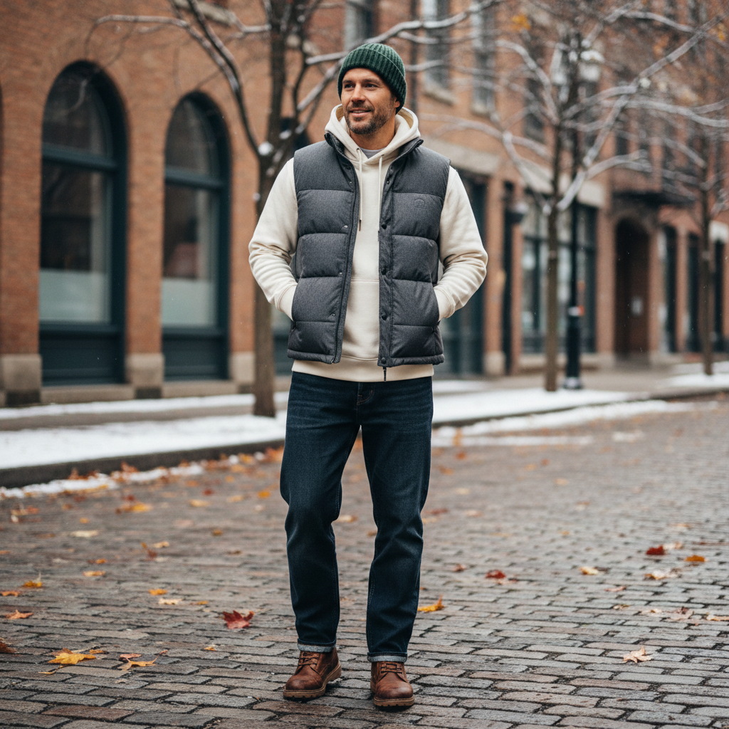 Men wearing a warm puffer vest layered over a hoodie for casual cold weather