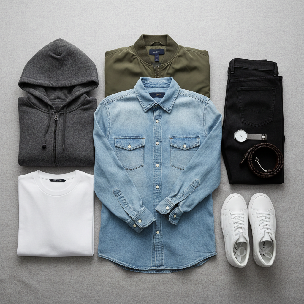 Flat lay of denim shirt layering pieces like tees, hoodies, and jackets
