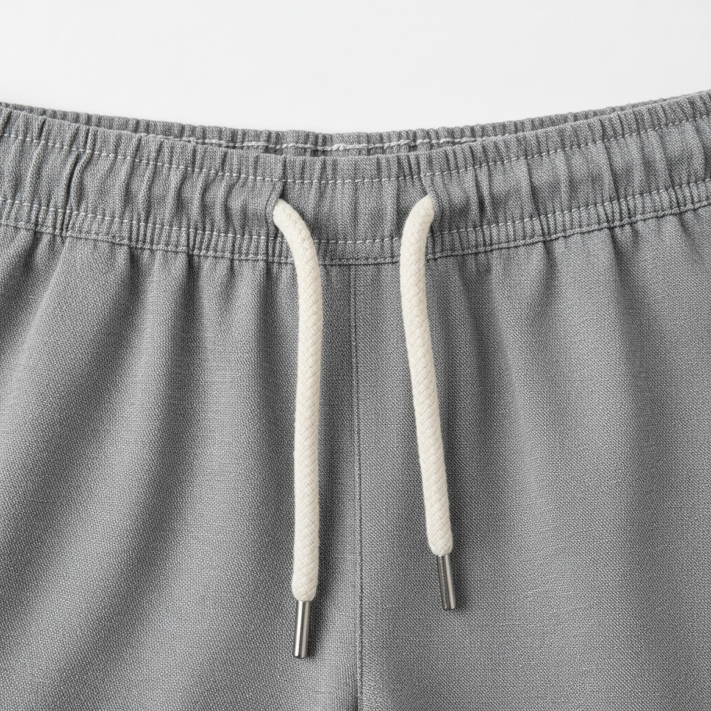 Close-up of drawstring waistband construction and fabric texture