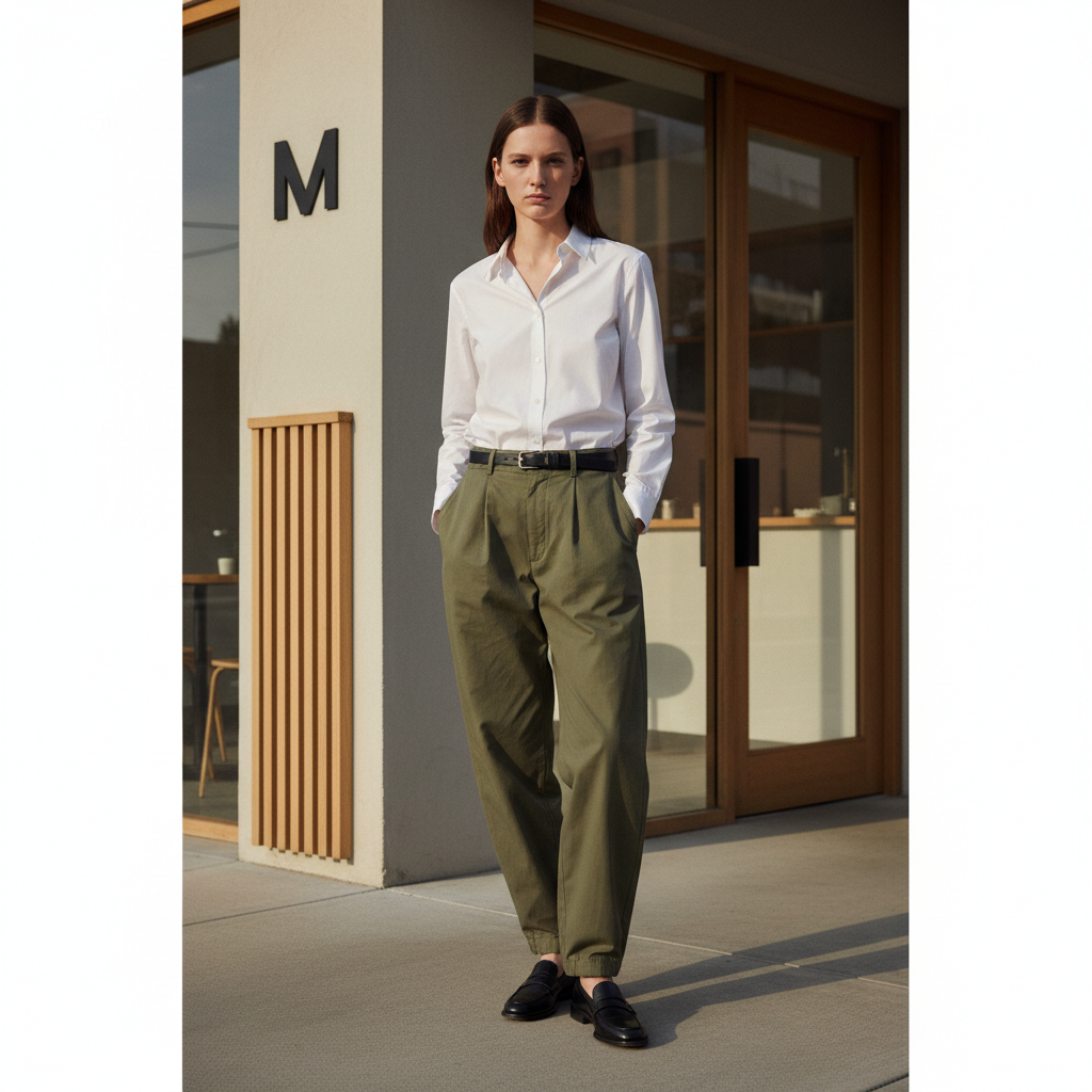 Polished outfit with parachute pants and button-down shirt