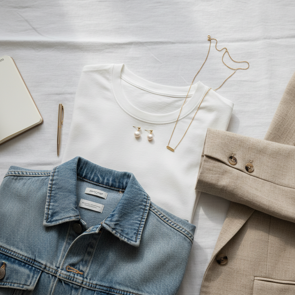 Flat lay styling of dainty freshwater pearl earrings with casual outfits