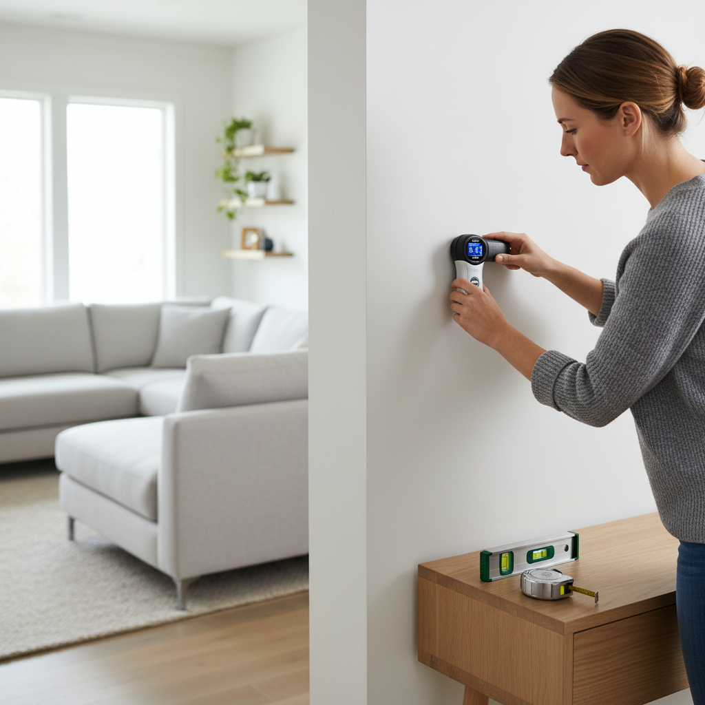 Using a stud finder and level from a picture hanging tool kit on a drywall wall