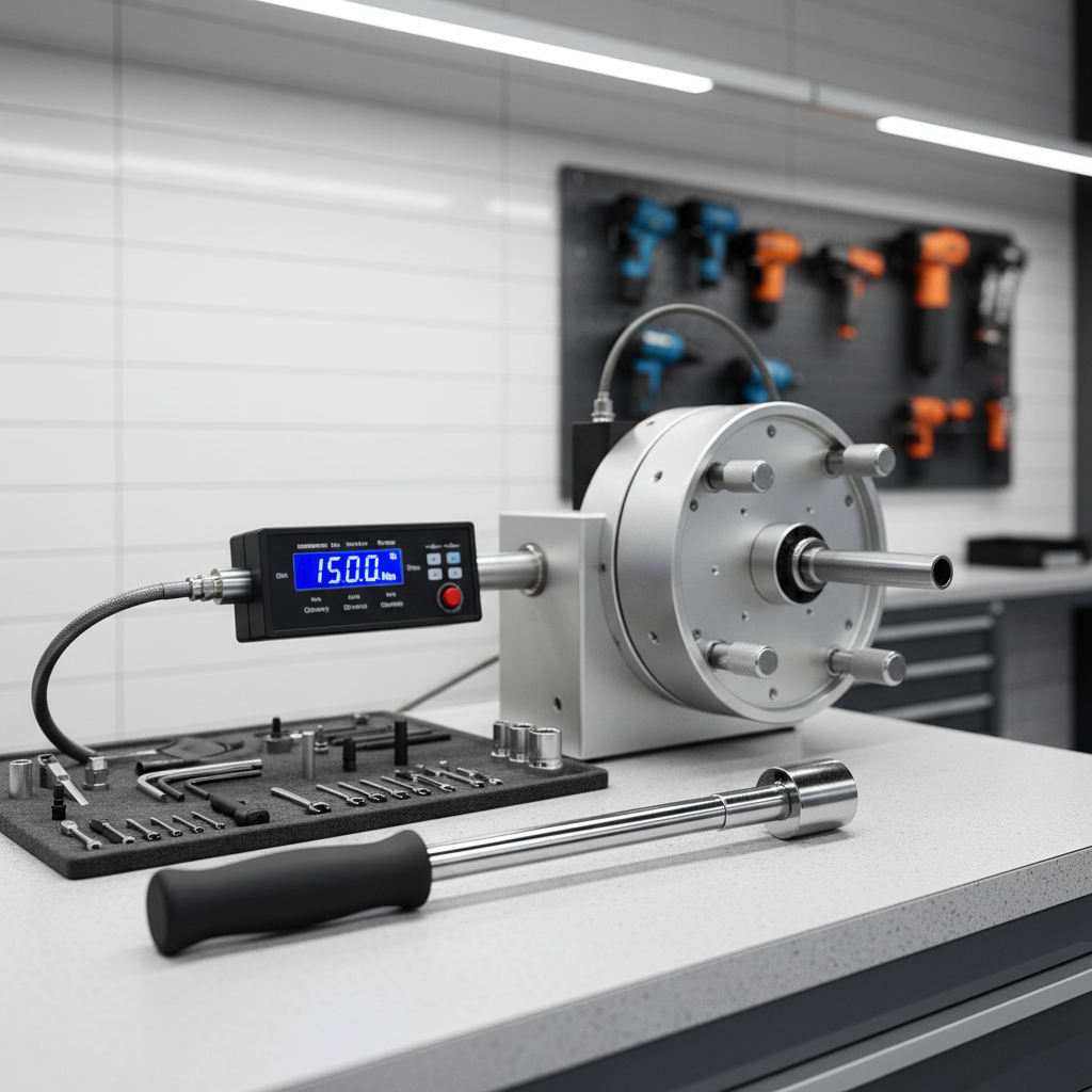 Torque wrench on a workbench with a calibration tool in a professional workshop