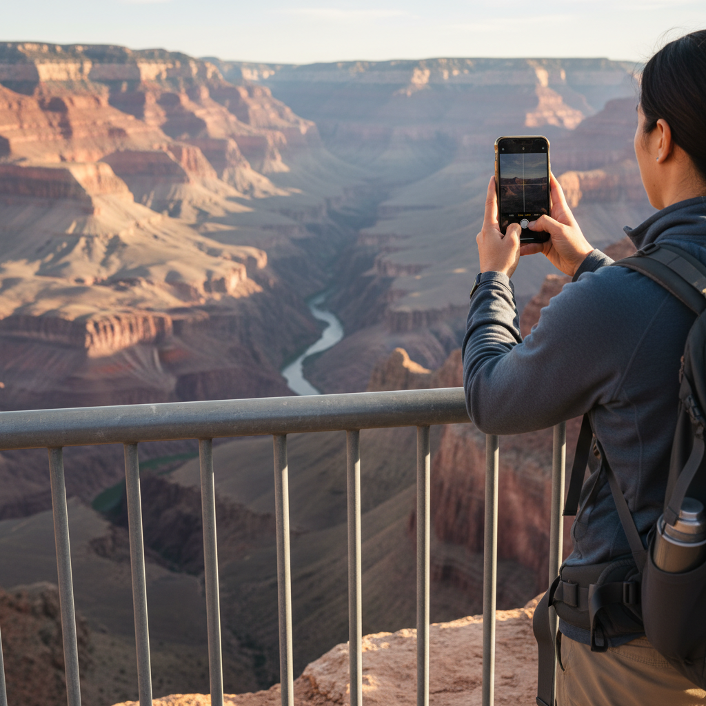 Traveler photographing a canyon overlook using phone gridlines near a safe railing