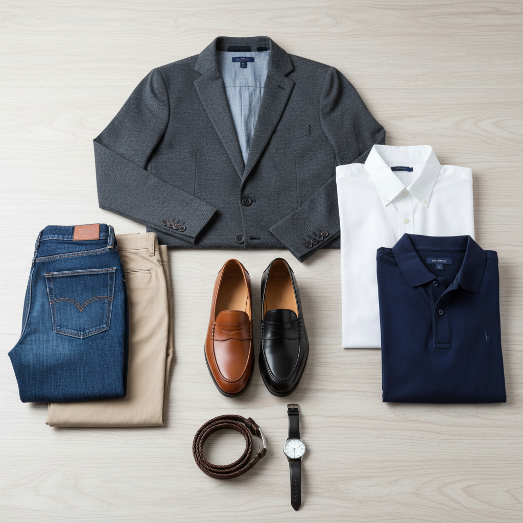 Flat lay of casual outfits with leather loafers for men