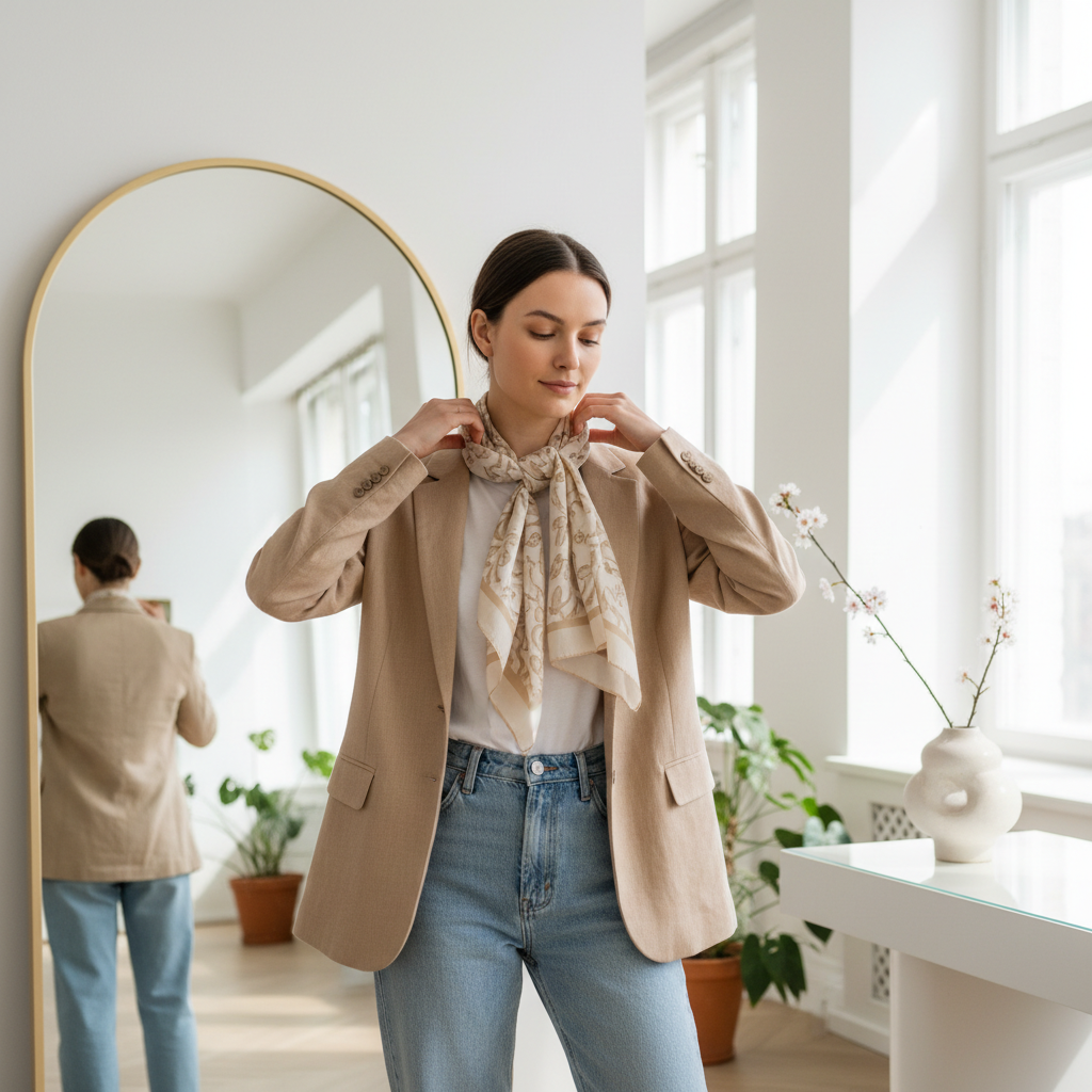 Woman styling a scarf with a blazer and jeans for an everyday outfit