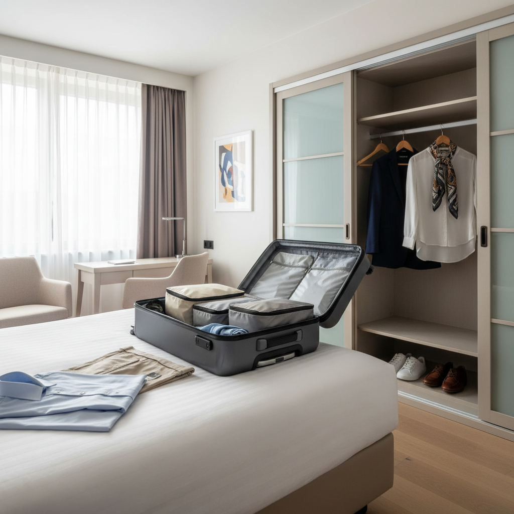 Organized suitcase and hanging outfits to prevent wrinkles while traveling