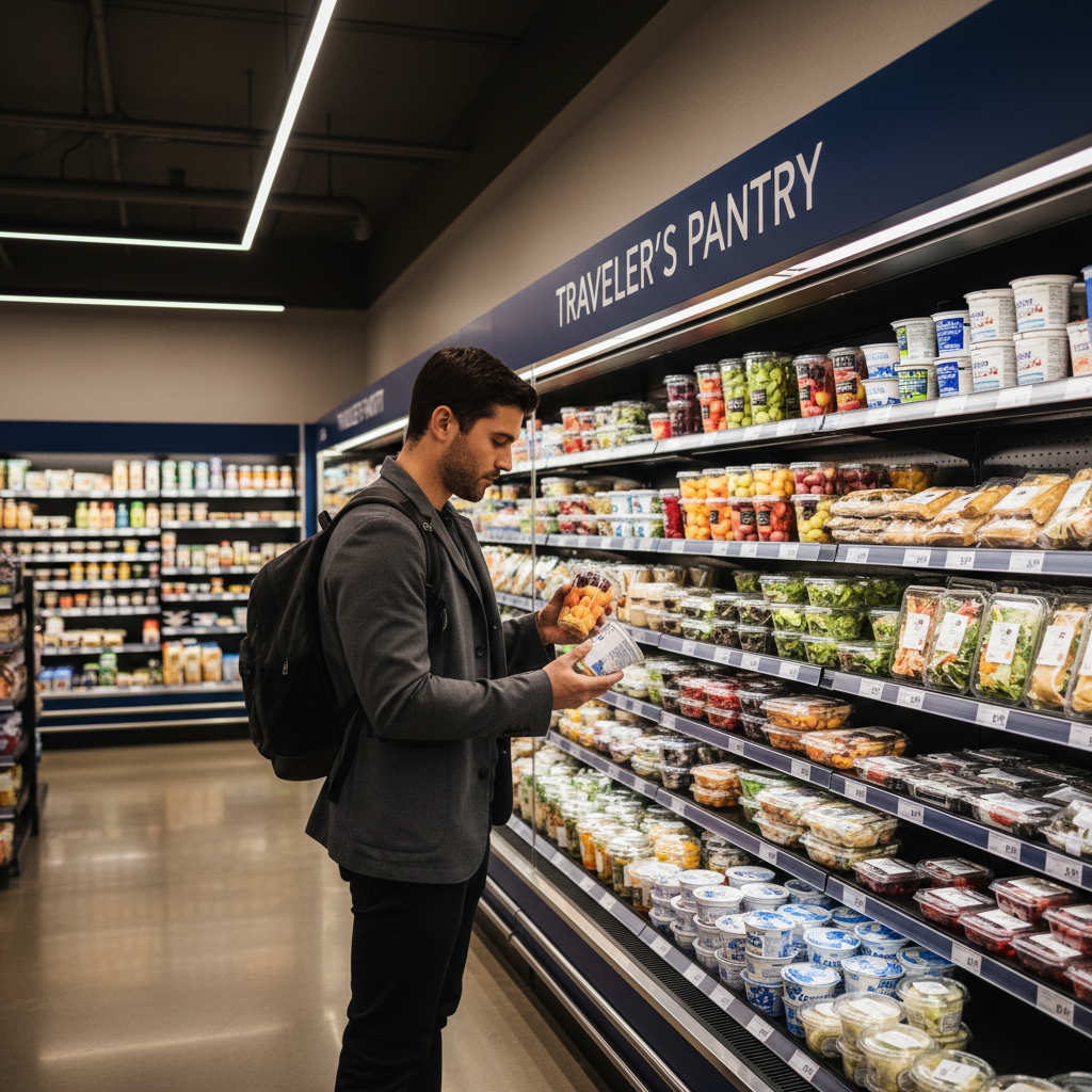 Comparing affordable grab-and-go food options in an airport market fridge