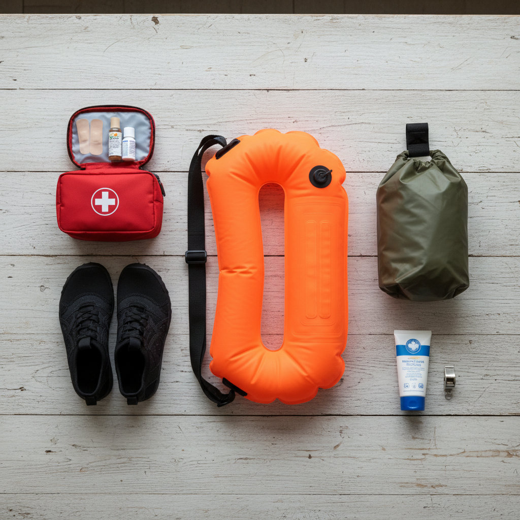 Travel gear for cliff jumping safety like water shoes and a swim buoy laid out