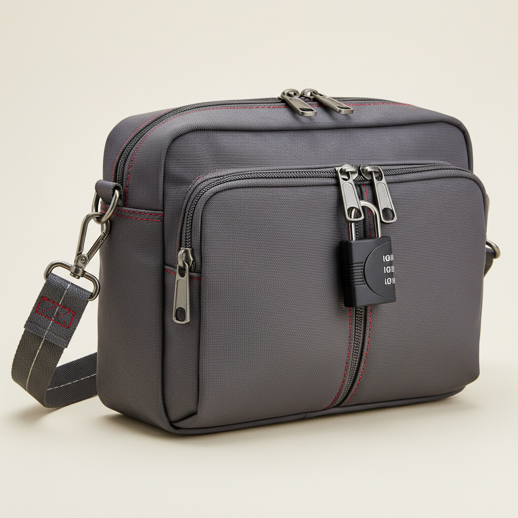 Close-up of lockable zipper and slash-resistant strap on an anti theft travel purse