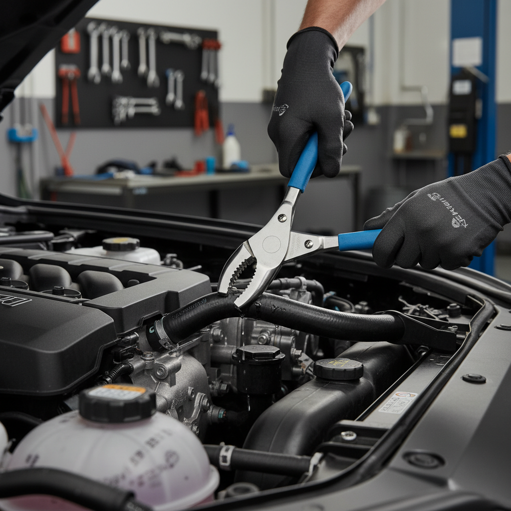 Mechanic using hose pinch off tool pliers on a coolant hose in an engine bay