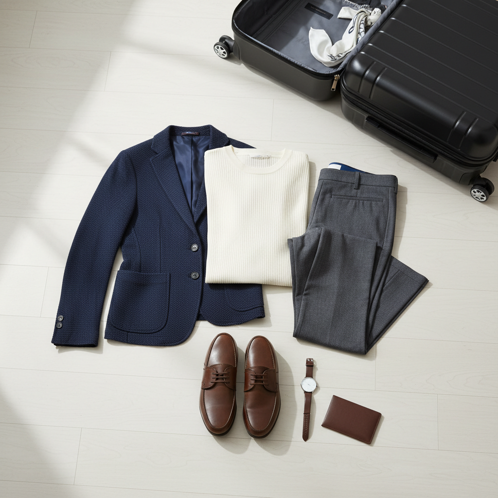 Wrinkle-free business travel outfit flat lay with blazer, pants, knit top, and loafers