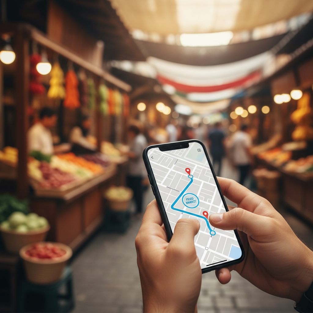 Street food walking route planning on a phone map near a market