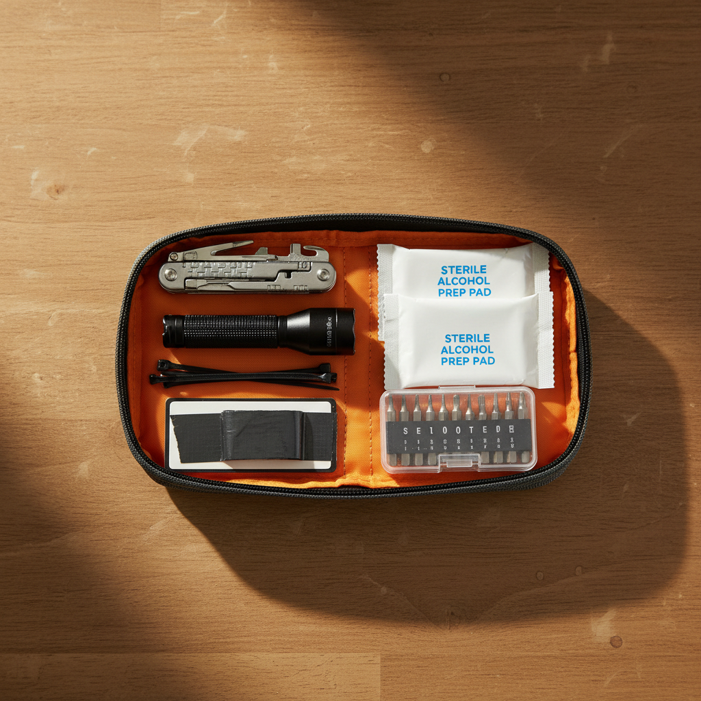 Compact travel emergency pouch with multi tool, tape, zip ties, and flashlight