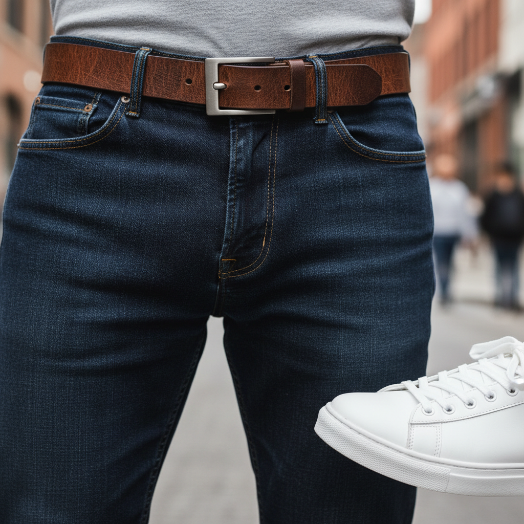 Casual leather belt worn with jeans and sneakers, showing textured leather and simple buckle