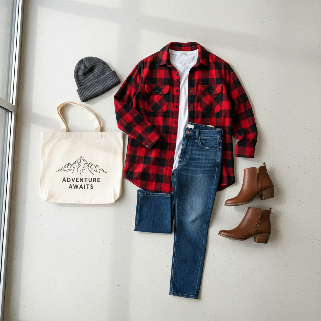 Flat lay outfit ideas with oversized plaid flannel shirt, jeans, boots, and accessories