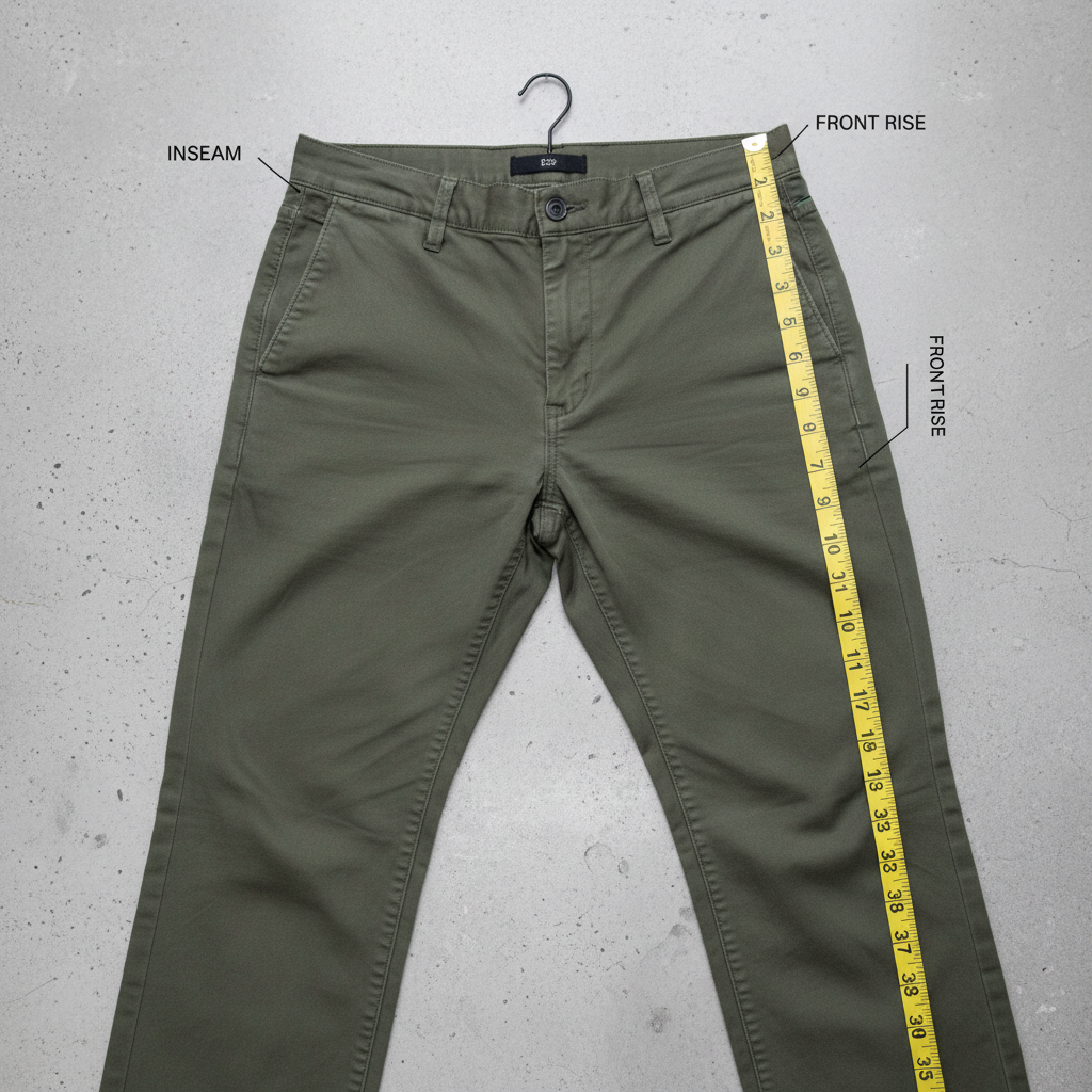 Flat lay of casual pants with tape measure showing inseam and rise