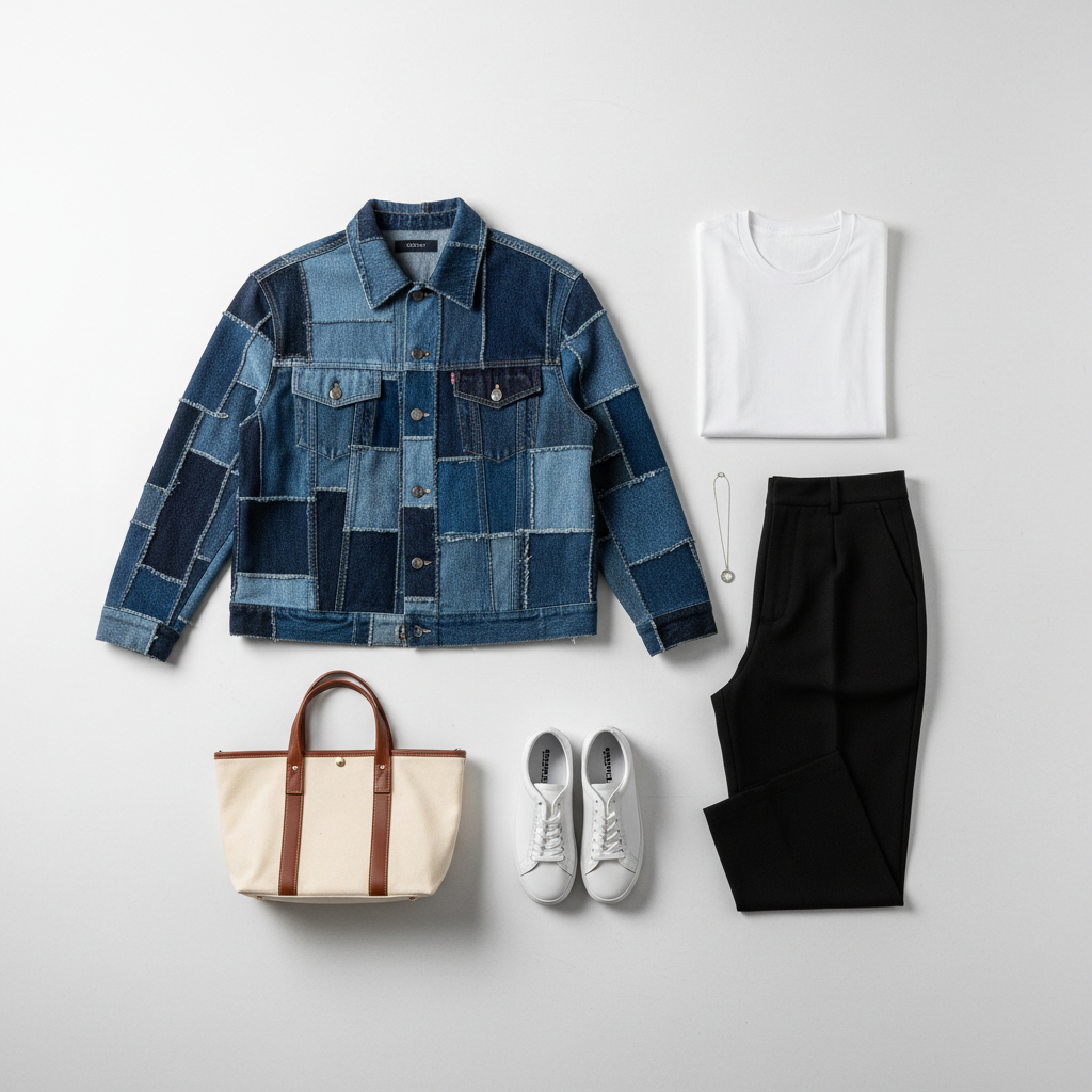 Capsule wardrobe with an upcycled jacket styled with basics