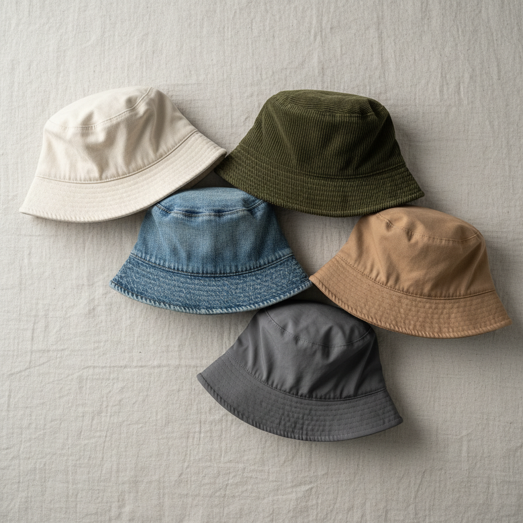Flat lay of bucket hats in different fabrics and neutral colors for styling