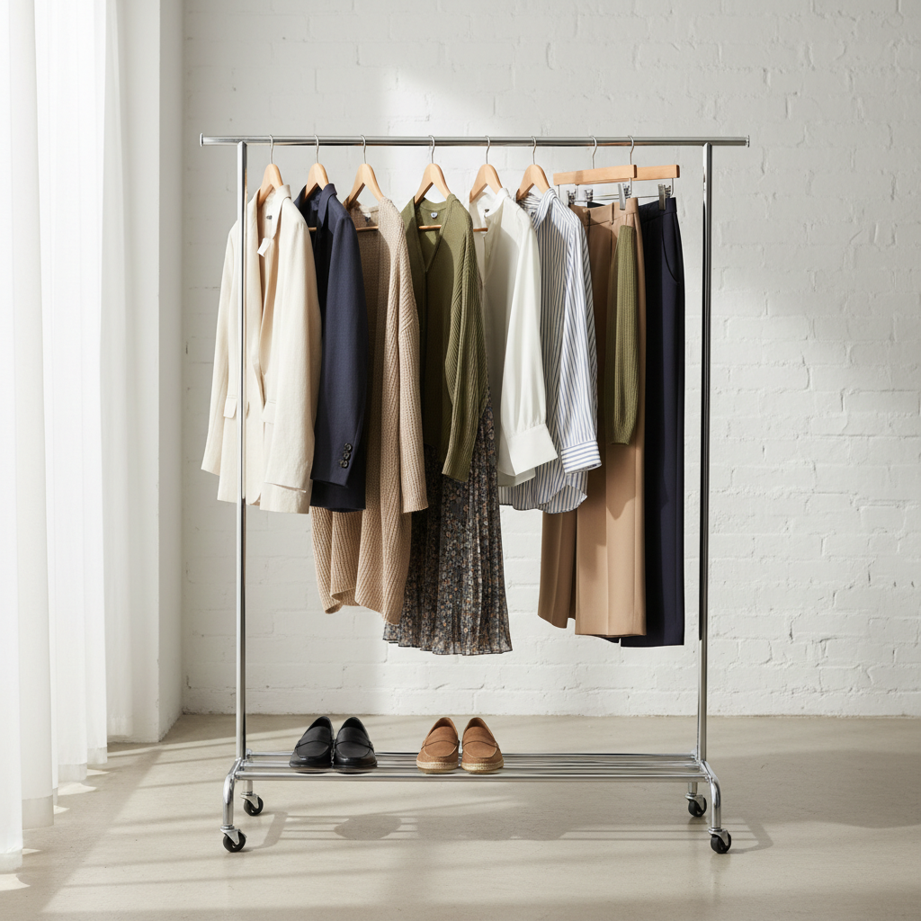 Capsule wardrobe pieces for modest professional teacher outfits on a rack
