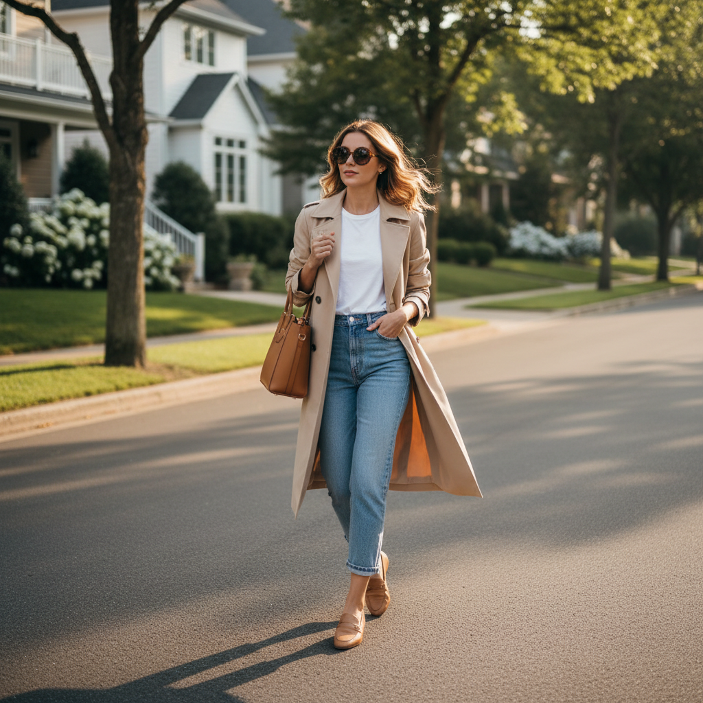 Preppy loafers outfit with trench coat and cropped jeans