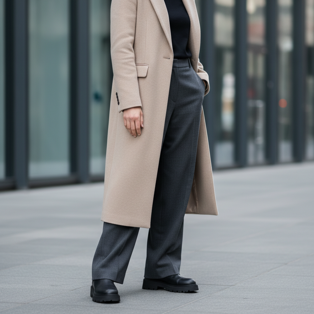Chunky boots outfit with tailored trousers and long coat