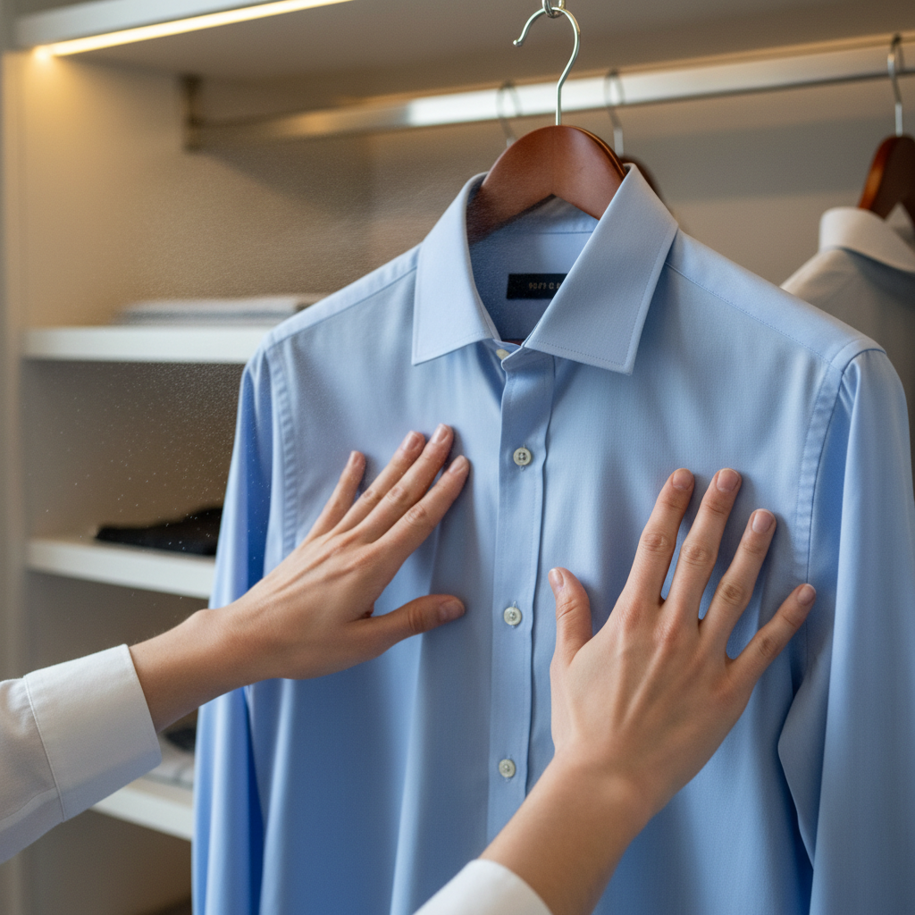 Hands smoothing fabric after applying wrinkle release spray on a hanger