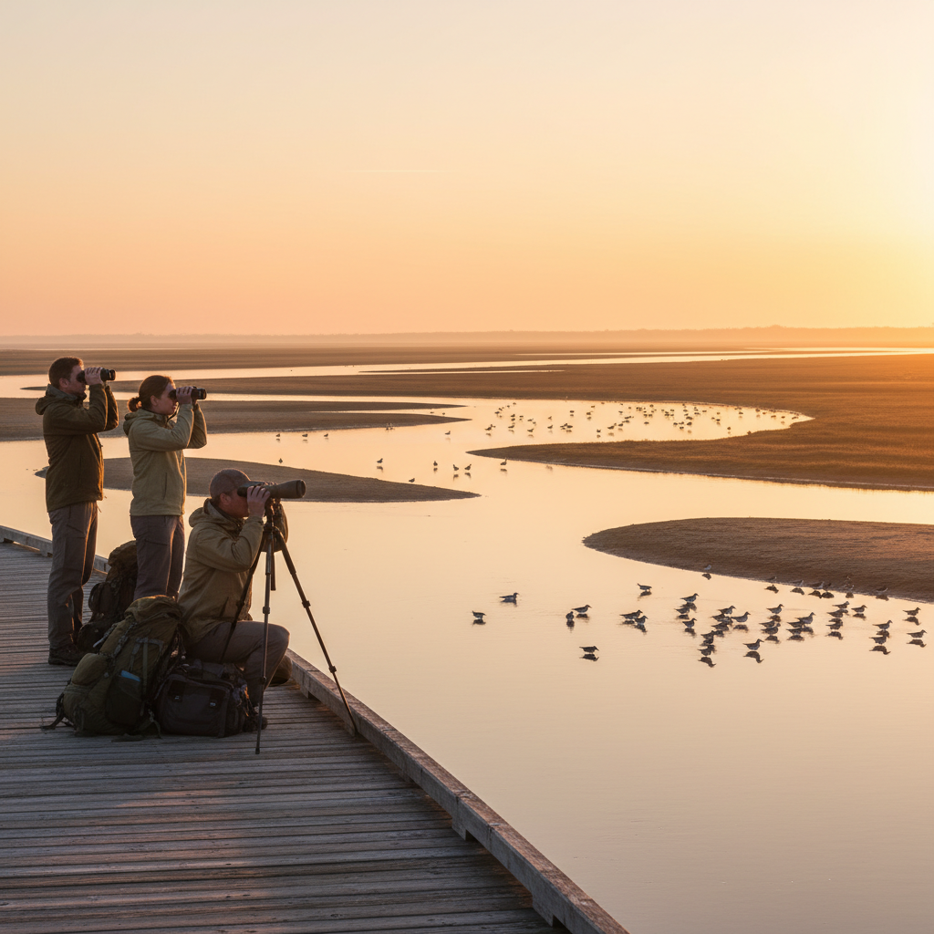 Birdwatchers scanning a river delta wetland at sunrise