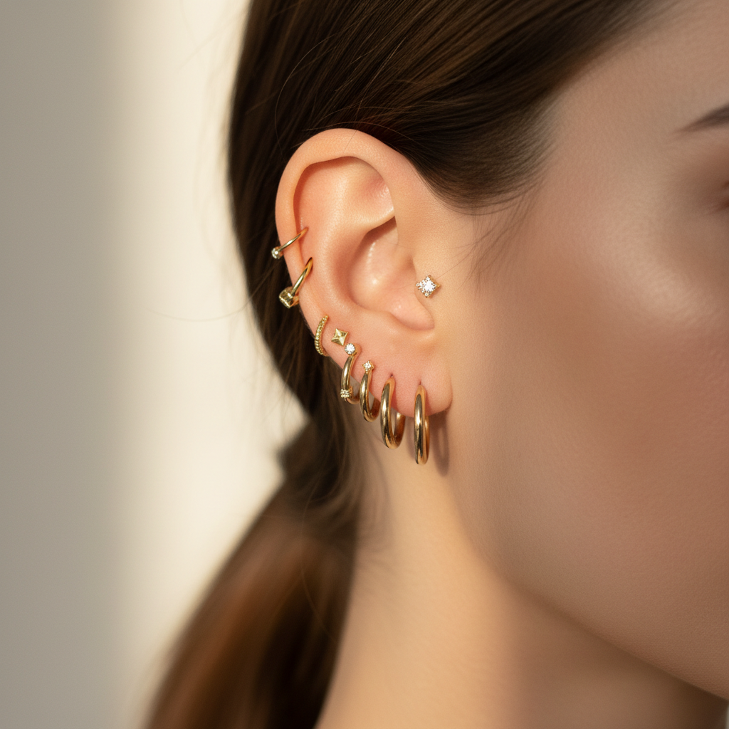 Stacked ear piercings with small huggie hoops and studs in gold