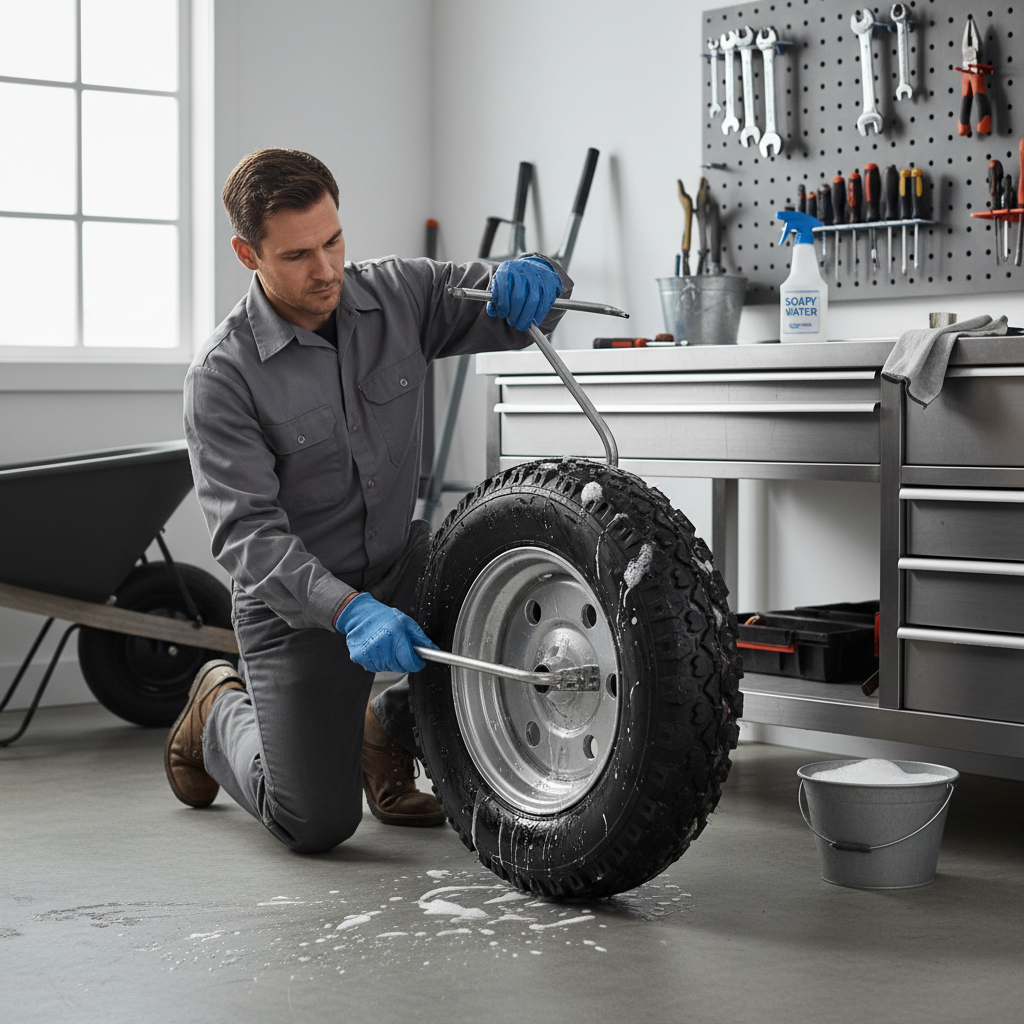 Installing a new wheelbarrow tire and tube on a rim with hand tools in a garage