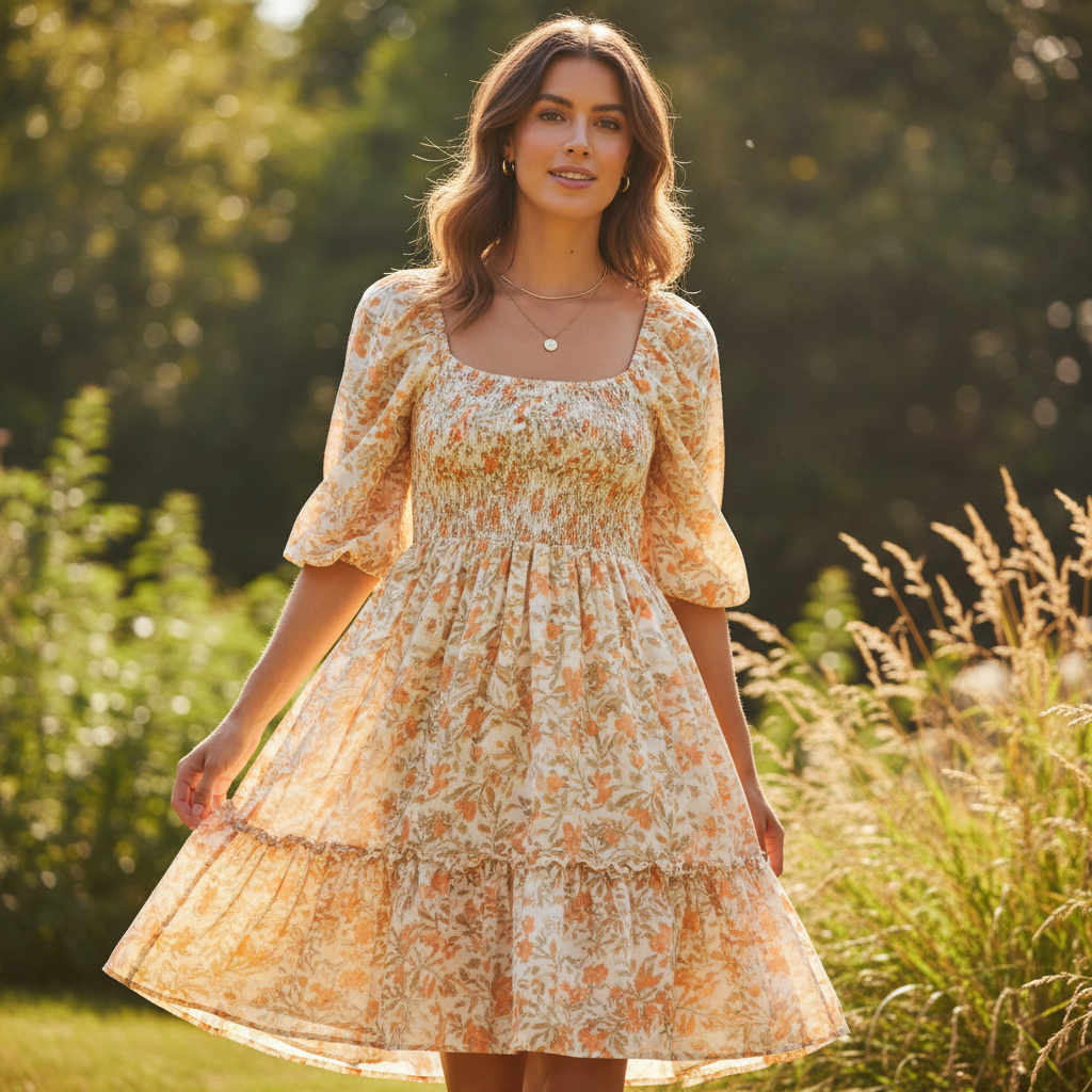 Woman wearing a smocked boho summer dress styled for a casual daytime look
