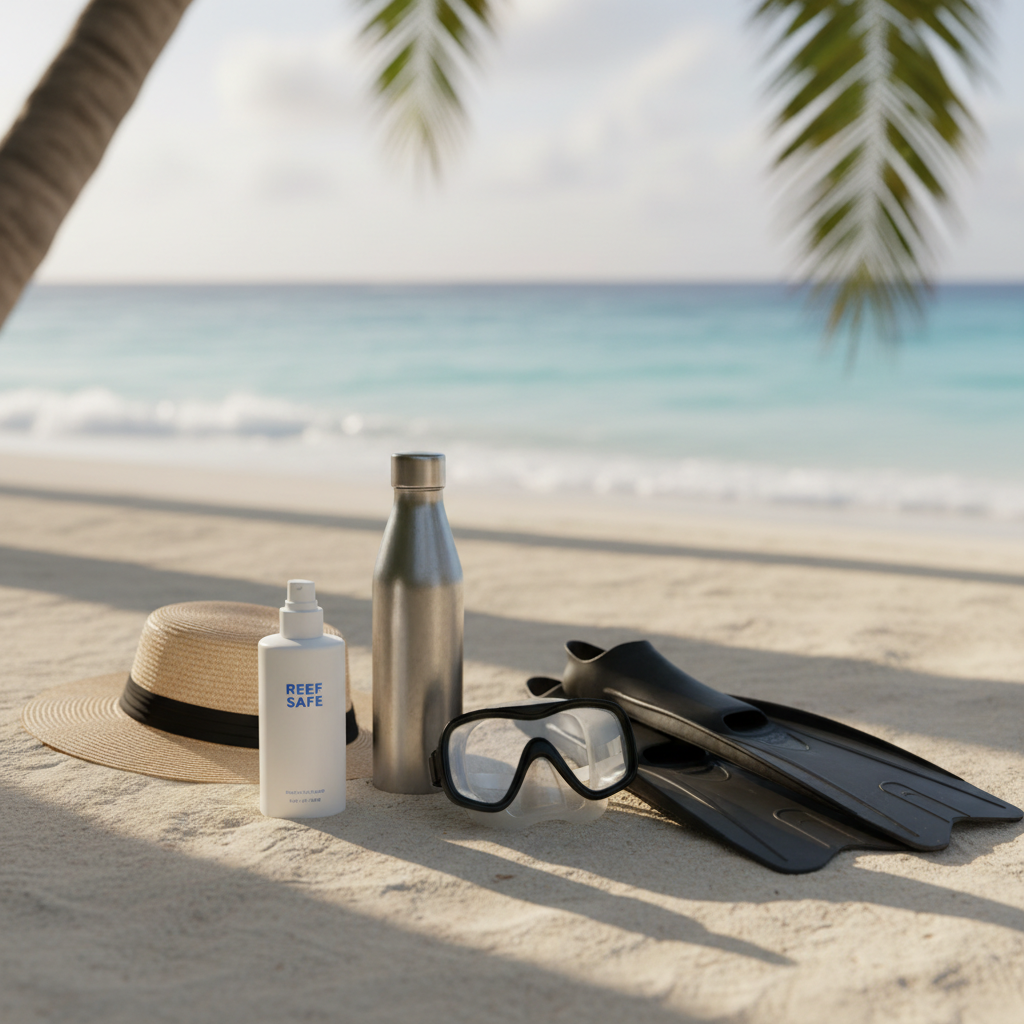 Tropical beach day with reef-safe sunscreen, water bottle, and snorkeling gear