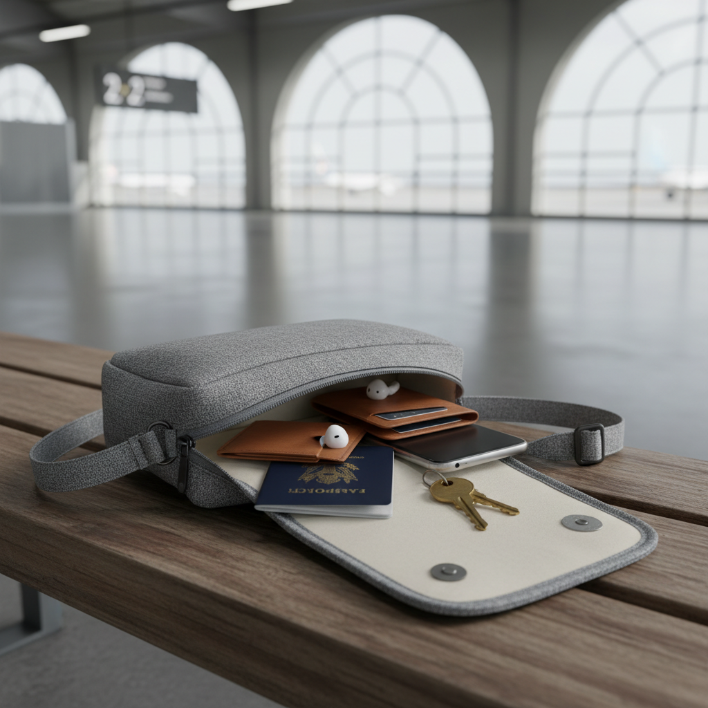Small travel crossbody bag holding passport phone and wallet in an airport
