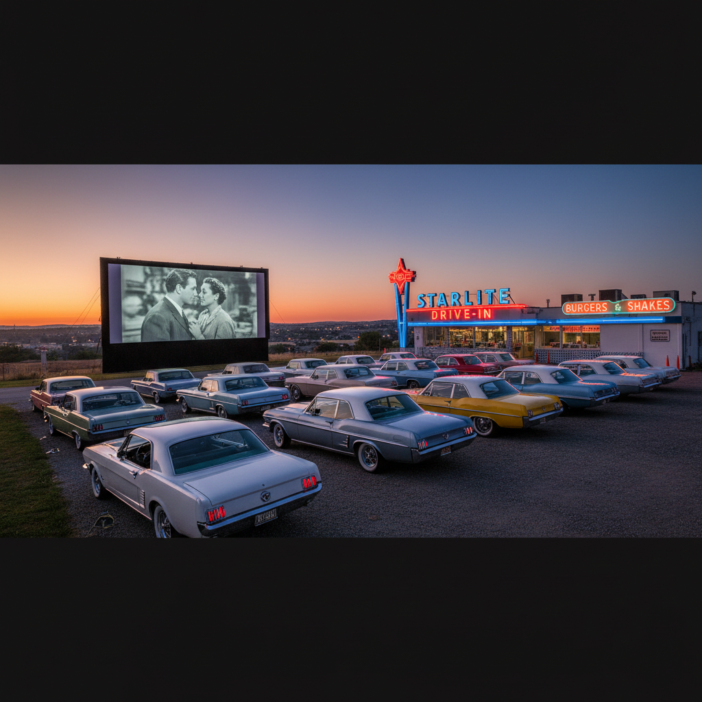 Drive-in movie theater with cars facing a large screen at twilight