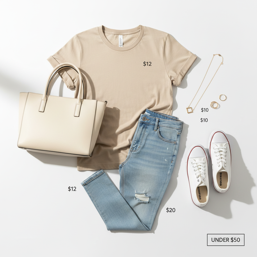 Affordable fashion finds under $50 laid out as a capsule outfit