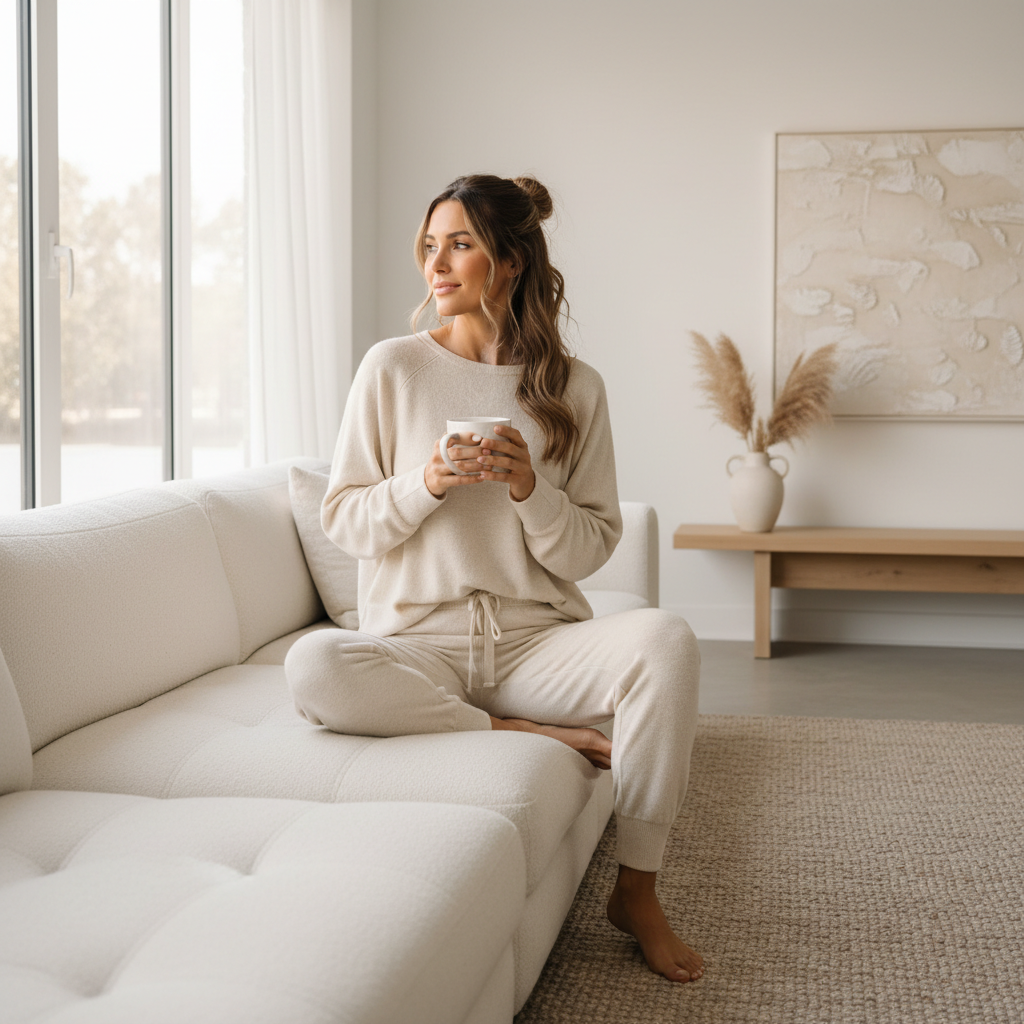 Woman wearing a cozy soft loungewear set at home in natural light