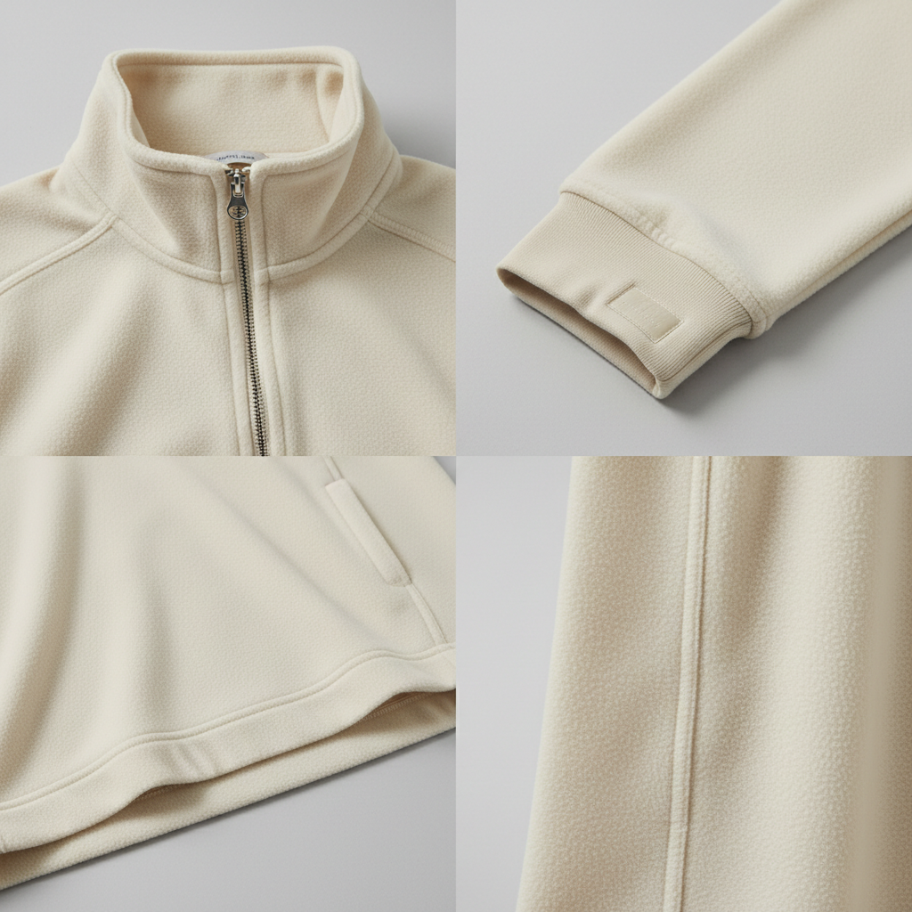 Close-up of fleece pullover fit details including collar, sleeves, and hem