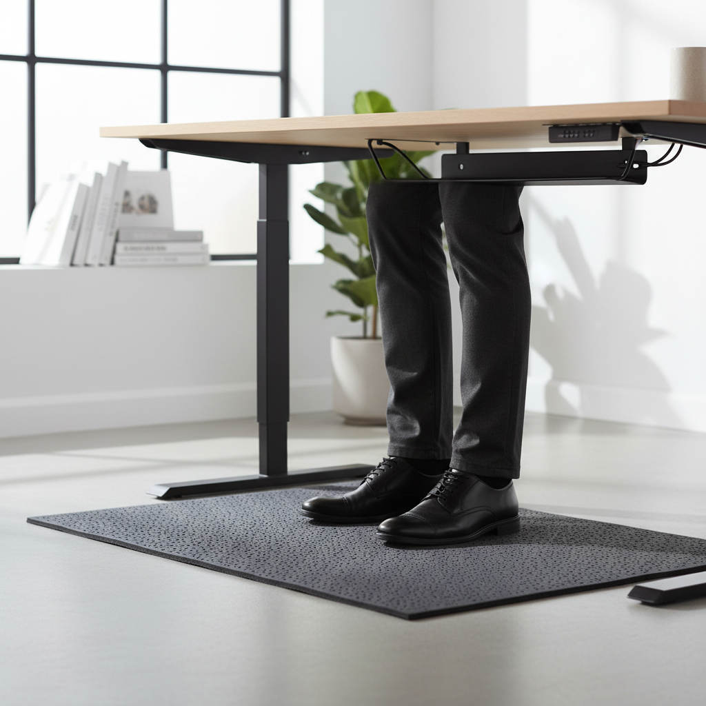Close-up of feet standing on an anti-fatigue mat under a standing desk