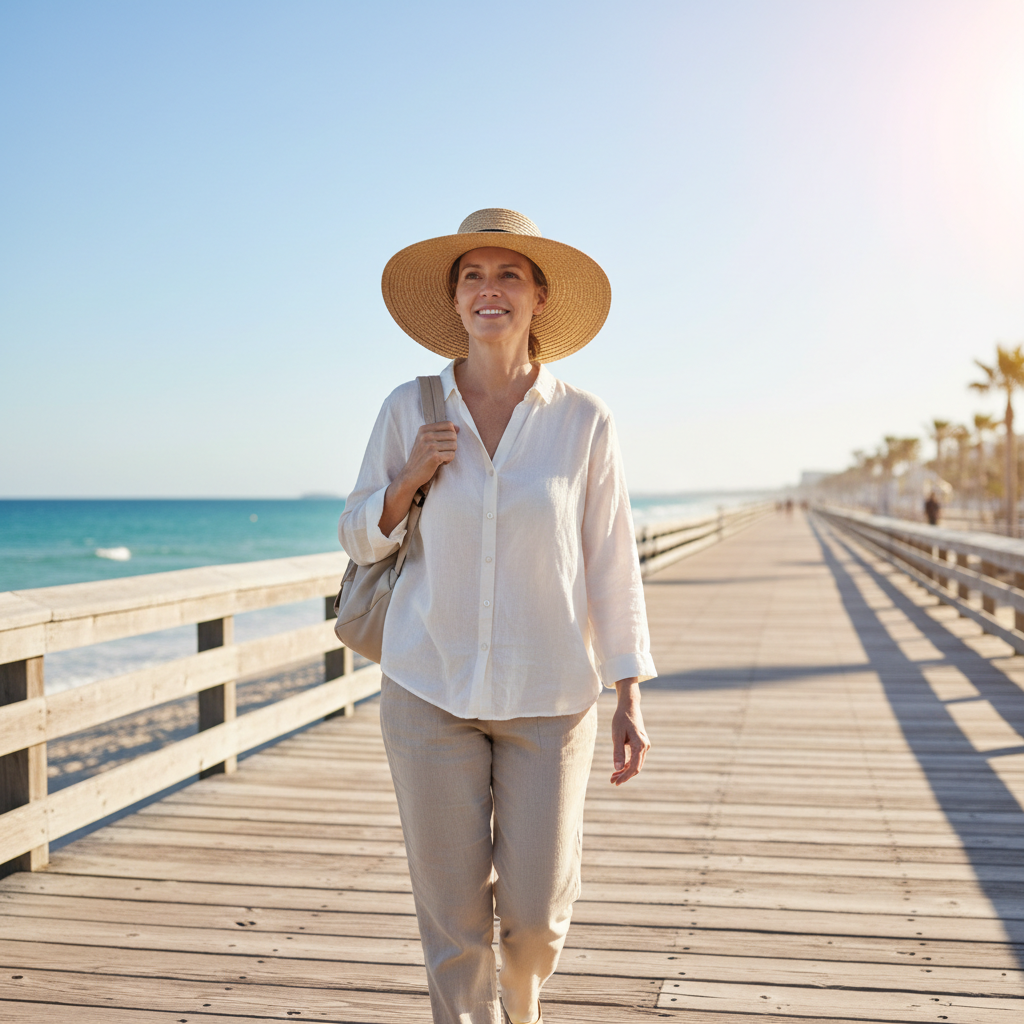 Traveler wearing a wide-brim travel hat for sun protection on a sunny coastal walk